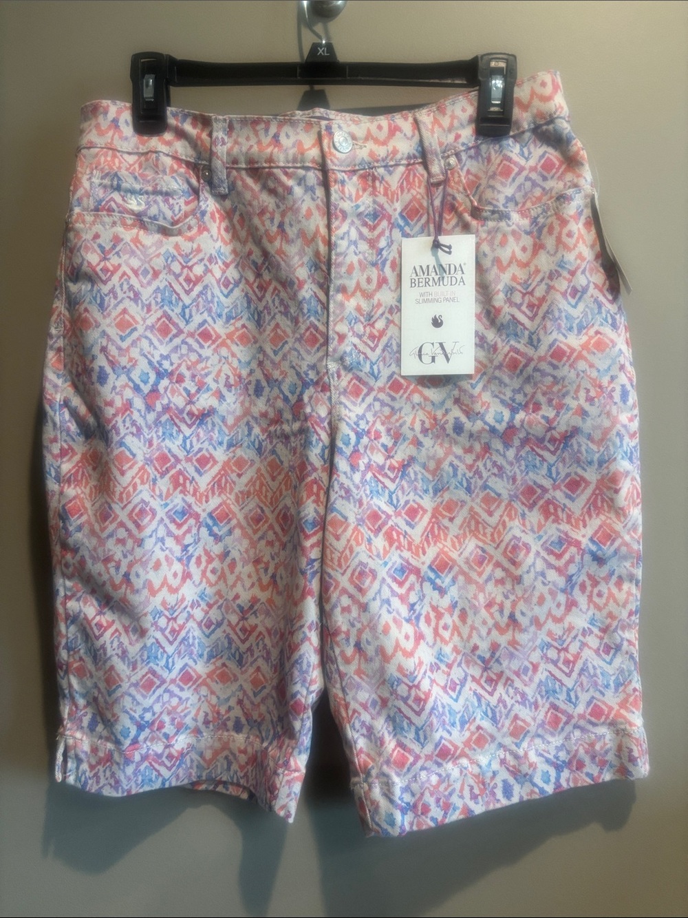 Gloria Vanderbilt Cotton Blend Patterned Bermuda Shorts in Pink, Blue